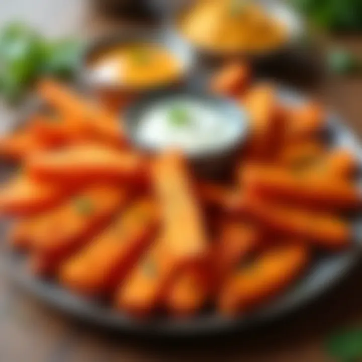 A vibrant platter of air fried sweet potato fries with dips