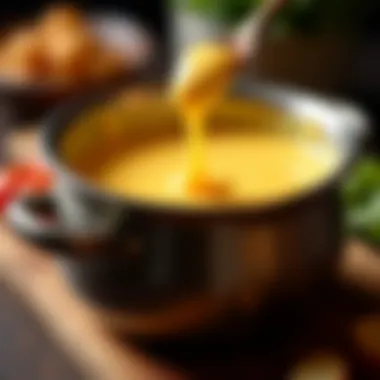 A beautifully melted cheese fondue in a pot