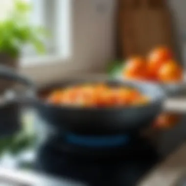 Demonstration of the saucepan's usability on a modern stovetop, exemplifying its heat distribution capabilities