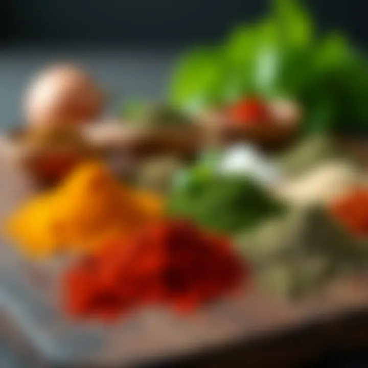 A vibrant array of spices and herbs laid out on a table