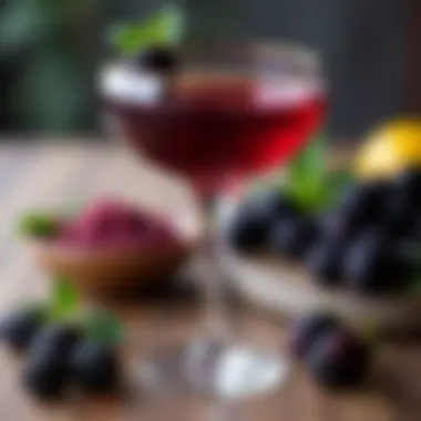 Close-up of ingredients for a Black Berry Martini including blackberries and vodka.