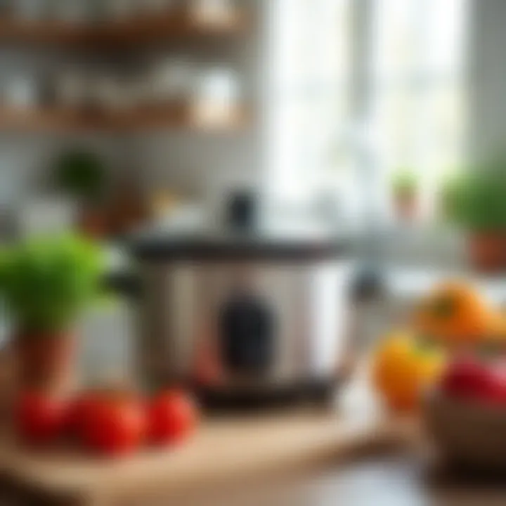 An organized kitchen countertop displaying the crock pot along with various ingredients.