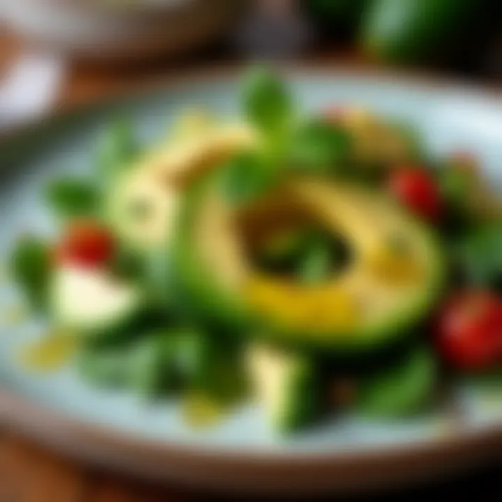 Close-up of a delicious avocado salad drizzled with olive oil