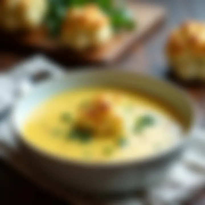 A rich and creamy cauliflower soup garnished with herbs