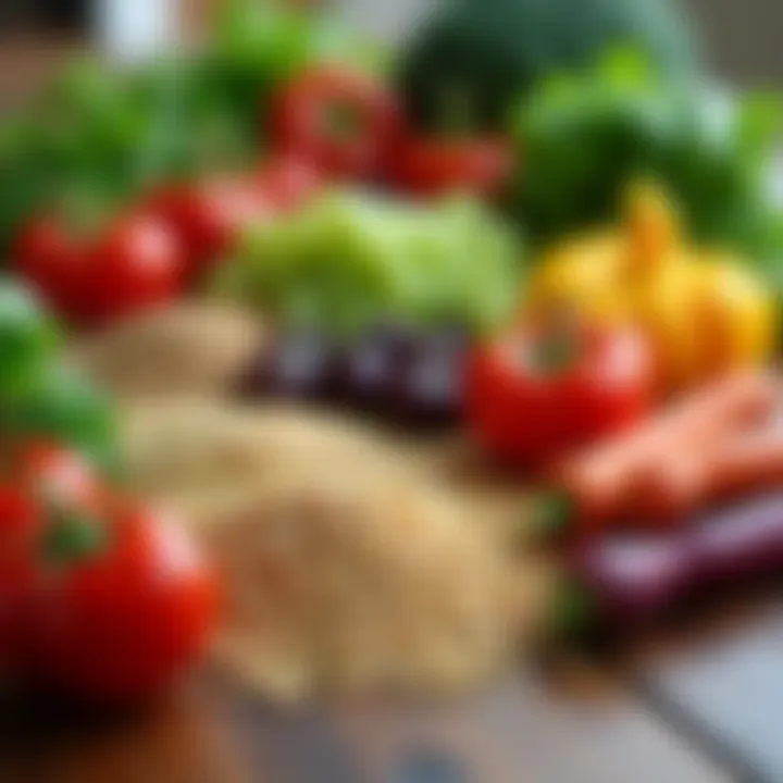 Colorful array of fresh vegetables and grains organized on a wooden table.