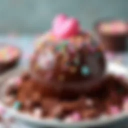 A beautifully crafted Easter hot chocolate bomb surrounded by colorful sprinkles and chocolate shavings