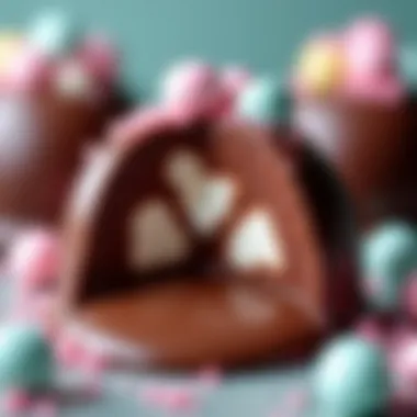 A close-up view of melting chocolate inside an Easter hot chocolate bomb, revealing marshmallows and vibrant colors