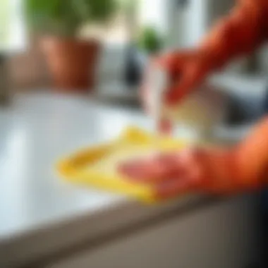 Application of commercial cleaner on cabinet surface