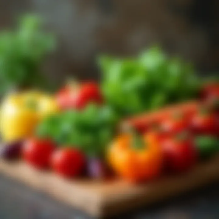 A vibrant array of fresh vegetables on a wooden cutting board