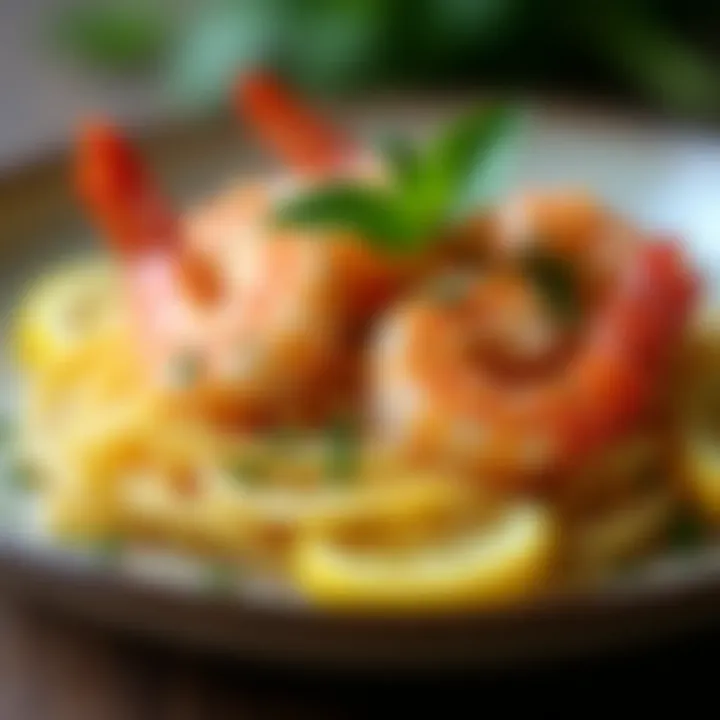 Elegant presentation of shrimp scampi with pasta and lemon slices