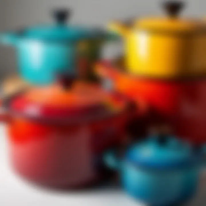 A stunning collection of colorful enamel cast iron pots arranged aesthetically.