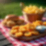 A vibrant display of classic American snacks on a picnic table