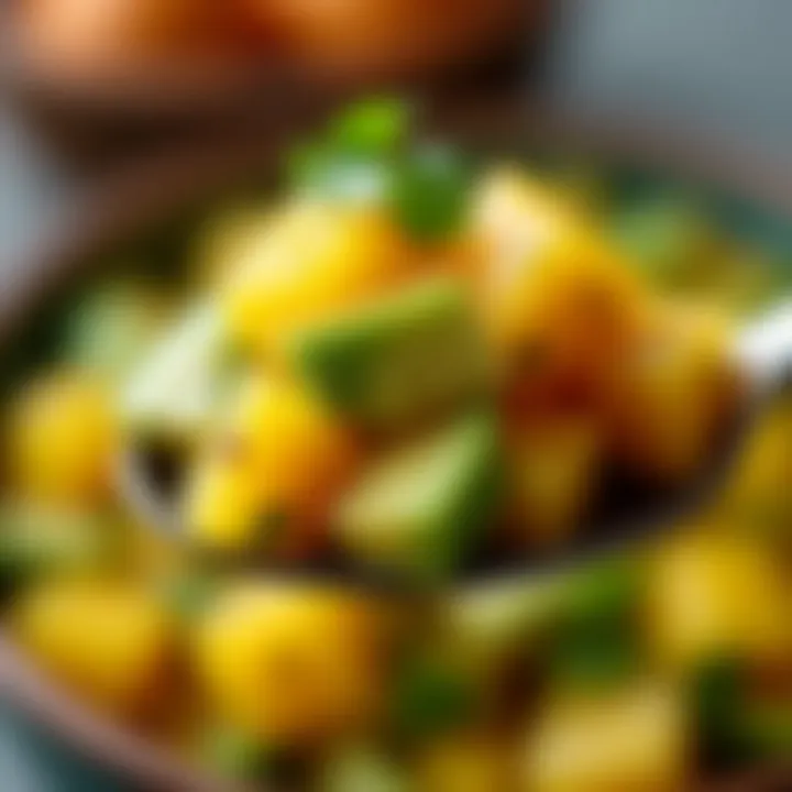 A close-up view of a spoonful of avocado mango salsa showcasing its texture