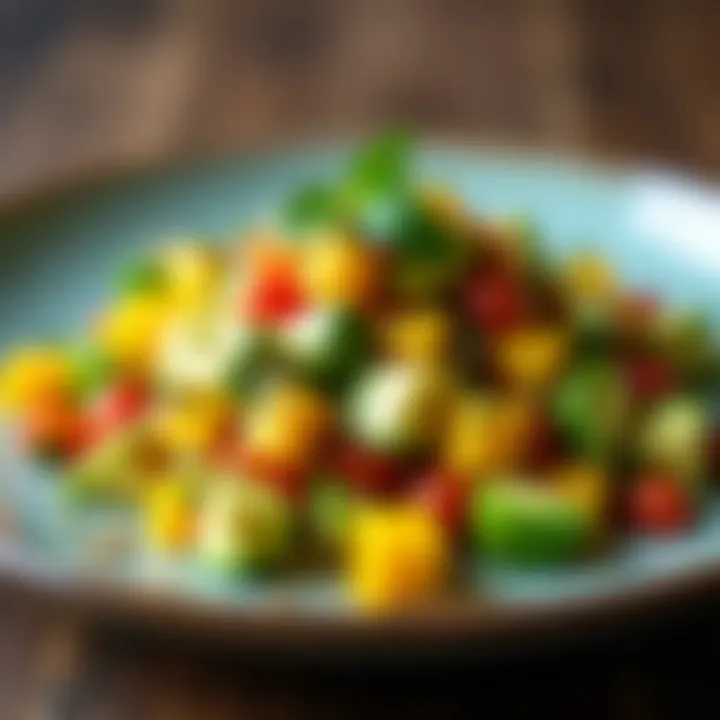 A beautifully plated dish featuring avocado mango salsa as a topping