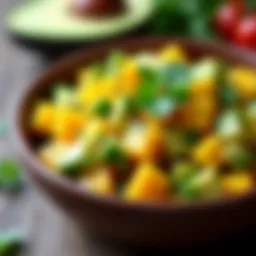 A vibrant bowl of avocado mango salsa garnished with fresh herbs