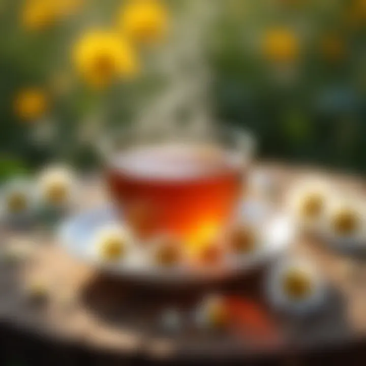 A steaming cup of chamomile tea elegantly placed on a rustic wooden table surrounded by fresh chamomile flowers