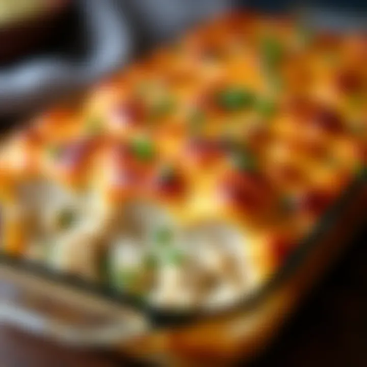 A mouthwatering Chicken Bacon Ranch Casserole fresh out of the oven, showcasing its golden brown top and rich filling.