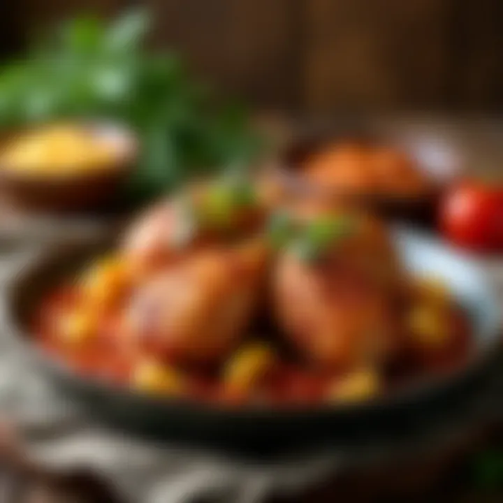 A rustic setting featuring a traditional chicken comfort food meal, rich in flavor.