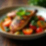 A beautifully plated gourmet chicken dish showcasing vibrant vegetables and herbs.