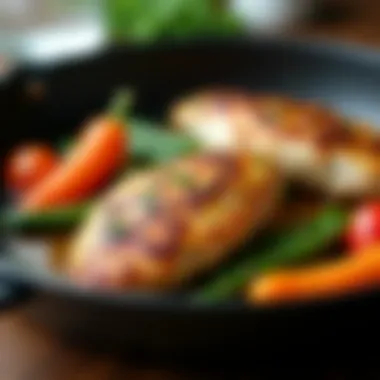 A skillet showcasing perfectly seared chicken breast alongside seasonal vegetables