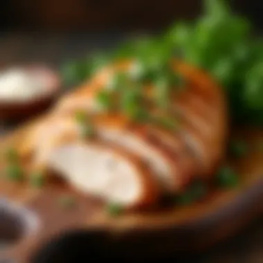 Garnished Chicken Delight Sliced chicken breast garnished with herbs and spices on a wooden board