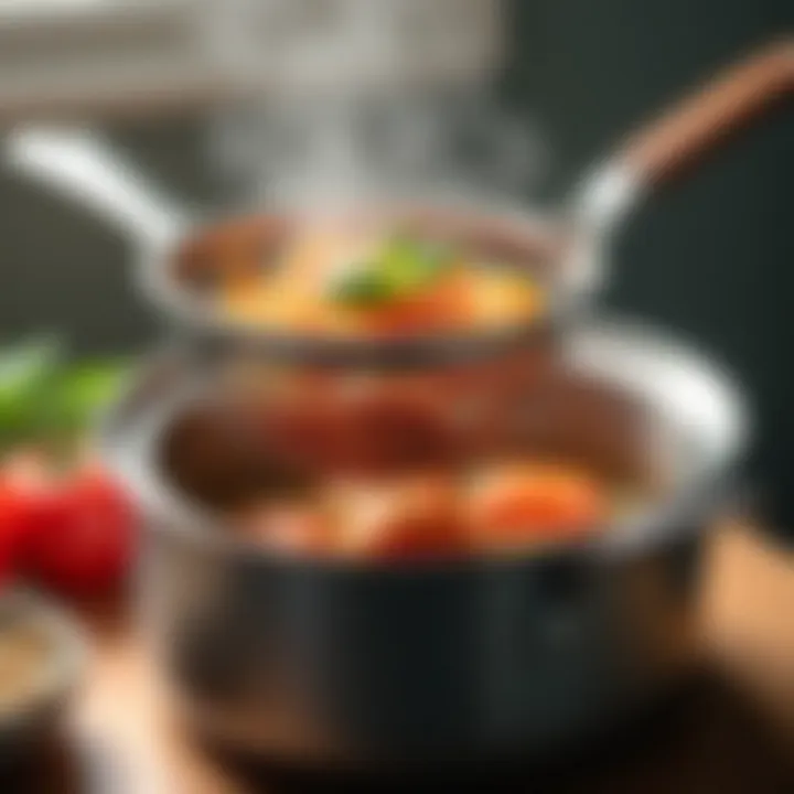 Close-up of a pot and strainer combination, emphasizing innovative techniques in meal preparation.