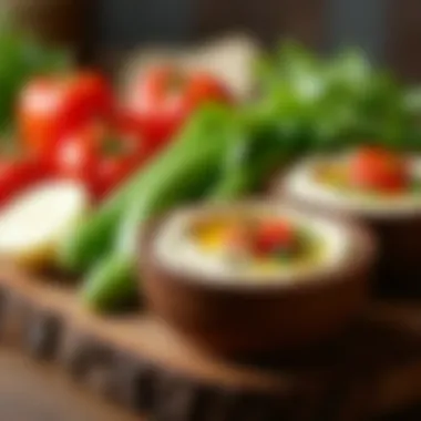 A close-up of a rustic wooden board with dips and fresh vegetables