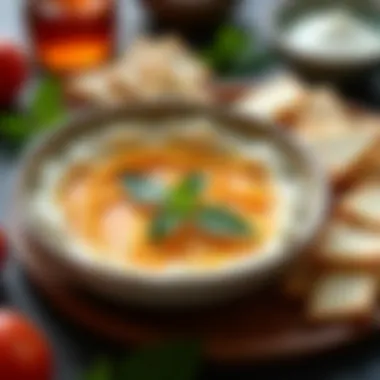 A vibrant platter of melitzanosalata alongside pita bread