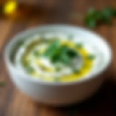 A fresh bowl of tzatziki garnished with herbs and olive oil