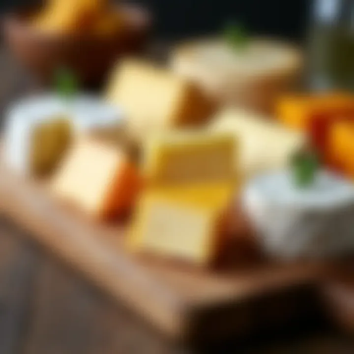 An assortment of non-dairy cheeses arranged on a wooden board