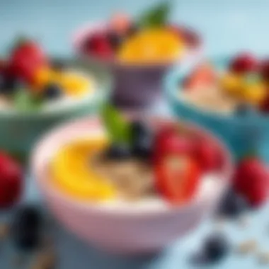 Colorful bowls of non-dairy yogurts topped with fresh fruits and seeds