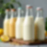 A variety of plant-based milks displayed in glass bottles