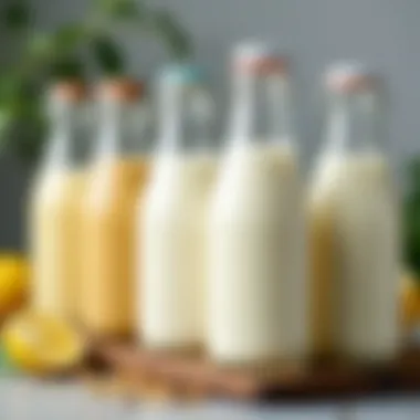 A variety of plant-based milks displayed in glass bottles