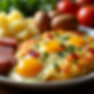 Close-up of fresh ingredients for Jimmy Dean breakfast casserole, including potatoes, sausage, and eggs.