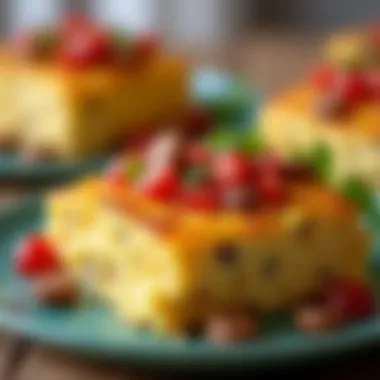 A vibrant display of various variations of breakfast casseroles, showcasing different toppings and ingredients.