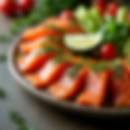 A beautifully arranged platter showcasing kosher-for-Passover canned salmon alongside fresh vegetables and herbs.