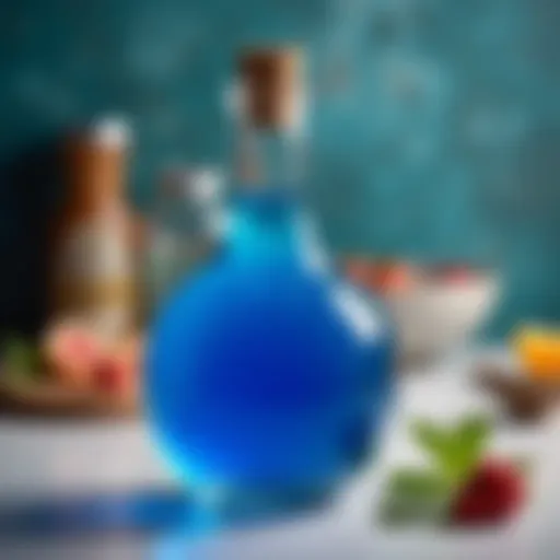 Vibrant blue syrup in a glass bottle