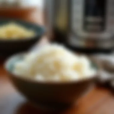 An array of perfectly cooked rice displayed in a bowl next to a rice cooker.