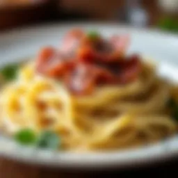 A close-up view of a creamy prosciutto pasta carbonara, garnished with black pepper and herbs.