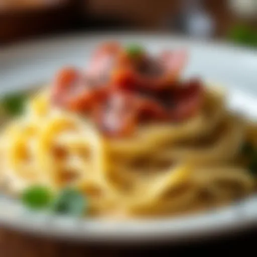 A close-up view of a creamy prosciutto pasta carbonara, garnished with black pepper and herbs.