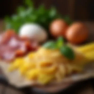 Ingredients spread out on a rustic wooden table, showcasing prosciutto, eggs, and spaghetti.