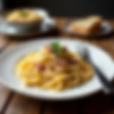 A beautifully arranged plate of prosciutto pasta carbonara, presented elegantly with a fork beside it.