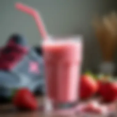 A refreshing protein shake next to a workout gear