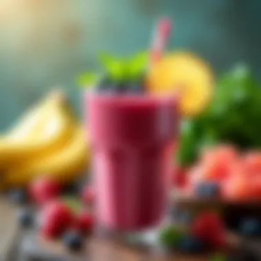 Close-up of a vibrant protein shake filled with fresh fruits and greens