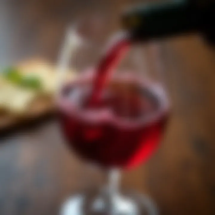 A close-up of a semi-sweet box wine being poured into a glass, showcasing its rich color.