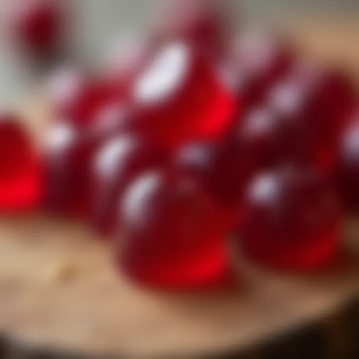 Close-up of tart cherry juice gummies on a wooden table