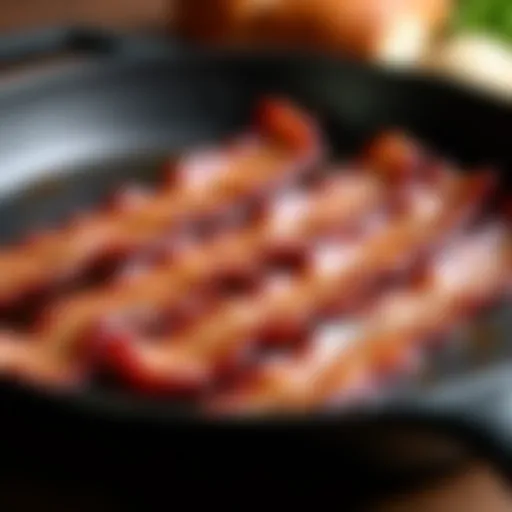 Sizzling strips of crispy bacon on a skillet