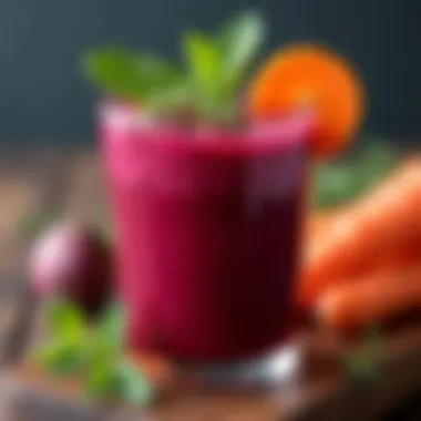 A vibrant glass of beetroot and carrot juice garnished with fresh herbs