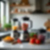 Showcase of various cooking blenders on a kitchen countertop