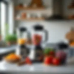 Showcase of various cooking blenders on a kitchen countertop